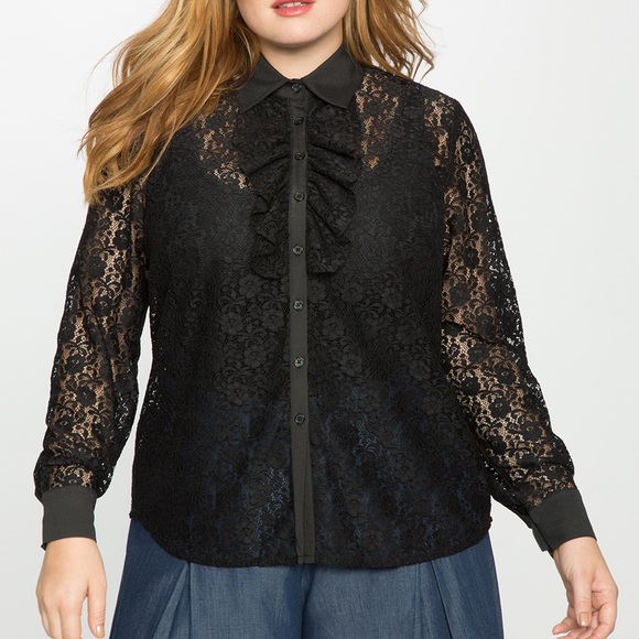 Eloquii Tops - Eloquii Black Lace Ruffle Button Down Long Sleeve Collared Shirt Plus Size 18